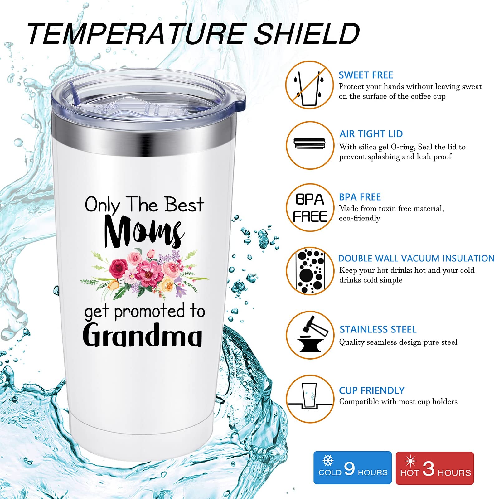 20 oz Grandma Tumbler Grandma Gifts from Granddaughter Grandson Only the Best Moms Get Promoted to Grandma with Gift Box Mother's Day, Birthday, Christmas Gifts for Grandma, Nana (White)