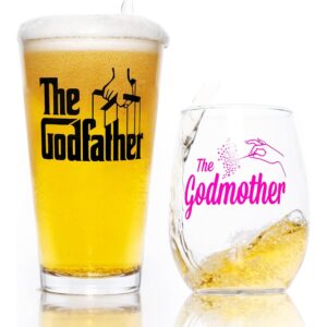 the godfather & the godmother printed pint & stemless wine glass set - officially licensed, premium quality, handcrafted glassware - a collectible gift for godparents, movie lovers & special occasions