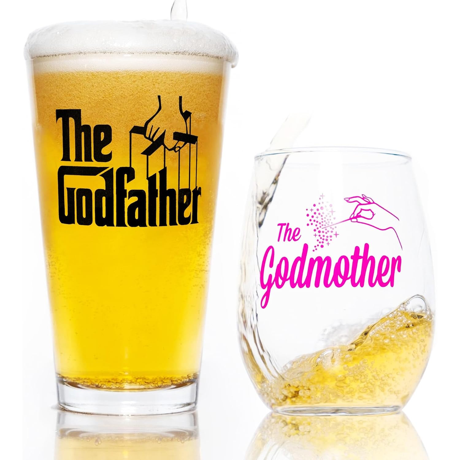 The Godfather & The Godmother Printed Pint & Stemless Wine Glass Set - Officially Licensed, Premium Quality, Handcrafted Glassware - A Collectible Gift for Godparents, Movie Lovers & Special Occasions