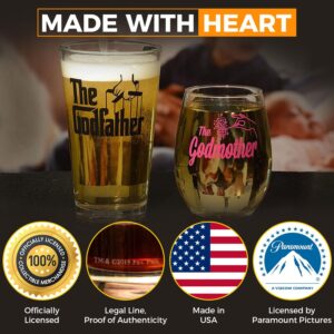 The Godfather & The Godmother Printed Pint & Stemless Wine Glass Set - Officially Licensed, Premium Quality, Handcrafted Glassware - A Collectible Gift for Godparents, Movie Lovers & Special Occasions
