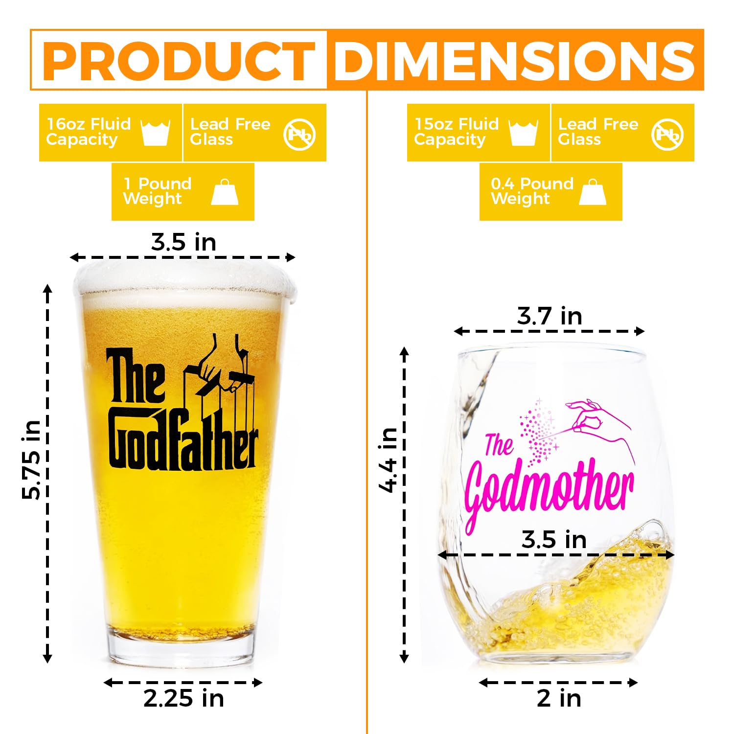 The Godfather & The Godmother Printed Pint & Stemless Wine Glass Set - Officially Licensed, Premium Quality, Handcrafted Glassware - A Collectible Gift for Godparents, Movie Lovers & Special Occasions
