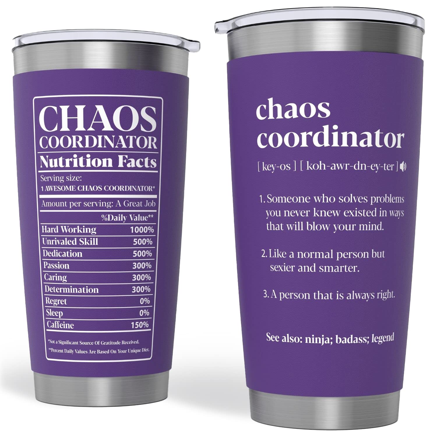 Chaos Coordinator Gifts for Women, Thank You Gifts for Women, Boss Lady Gifts for Women, Gifts for Boss, Teacher, Coworker, Tumbler, Cup 20oz Purple