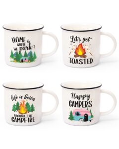 nefelibata camping coffee mug set of 4 happy campers campfire tea cups for coffee, tea, milk travel ceramic mug camping lover holiday gifts