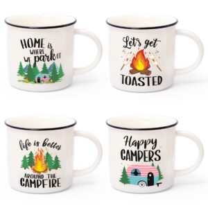Nefelibata Camping Coffee Mug Set of 4 Happy Campers Campfire Tea Cups for Coffee, Tea, Milk Travel Ceramic Mug Camping Lover Holiday Gifts