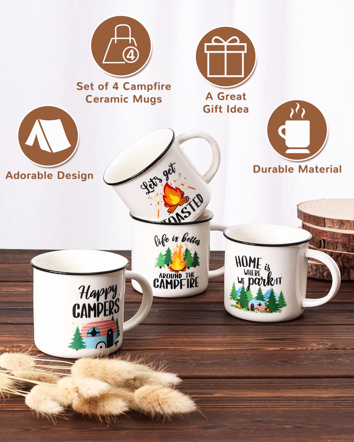 Nefelibata Camping Coffee Mug Set of 4 Happy Campers Campfire Tea Cups for Coffee, Tea, Milk Travel Ceramic Mug Camping Lover Holiday Gifts