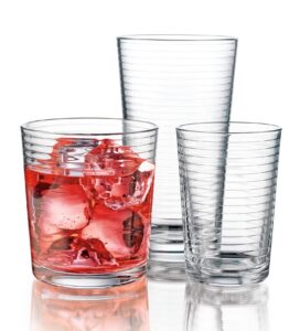 glaver's drinking glasses 12 piece glass set, 4-7 oz. highball glasses, 4-13 oz. whiskey rocks, and 4 7 oz juice glasses. ideal for water, juice, cocktails, and iced tea. dishwasher safe