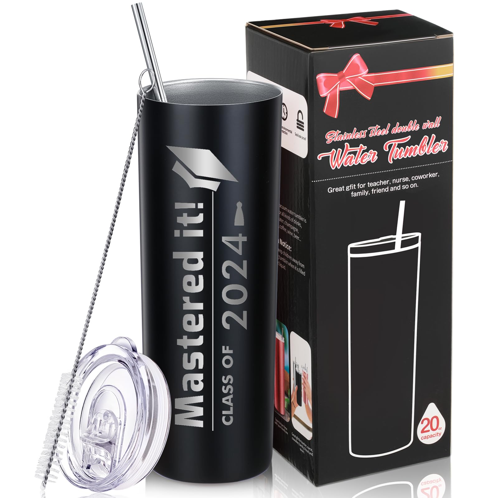 Patelai Graduation Gifts for Mastering Degree, Mastered It 2024 Masters Graduation Coffee Mug for High School College Graduate, 20 oz Water Tumbler with Gift Box Straw and Brush (Black,1 Pc)