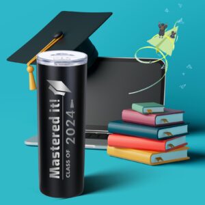 Patelai Graduation Gifts for Mastering Degree, Mastered It 2024 Masters Graduation Coffee Mug for High School College Graduate, 20 oz Water Tumbler with Gift Box Straw and Brush (Black,1 Pc)
