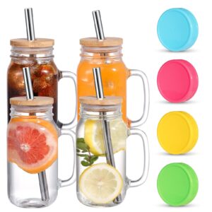 YANGTE 4 Pack Mason Jar Cups with Handles, 24oz Glass Tumbler with Bamboo Lid and Straw, Reusable Travel Tumbler Drinking Glass Cups for Iced Coffee, Smoothie, Tea