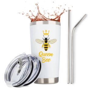 jenvio bee mothers day gifts for women | queen bee lover | white stainless steel wine/coffee travel tumbler/mug includes lid 2 straws and gift box | valentine's day bumble bee (20 ounce)