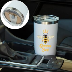 JENVIO Bee Mothers Day Gifts for Women | Queen Bee Lover | White Stainless Steel Wine/Coffee Travel Tumbler/Mug Includes Lid 2 Straws and Gift Box | Valentine's Day Bumble Bee (20 Ounce)