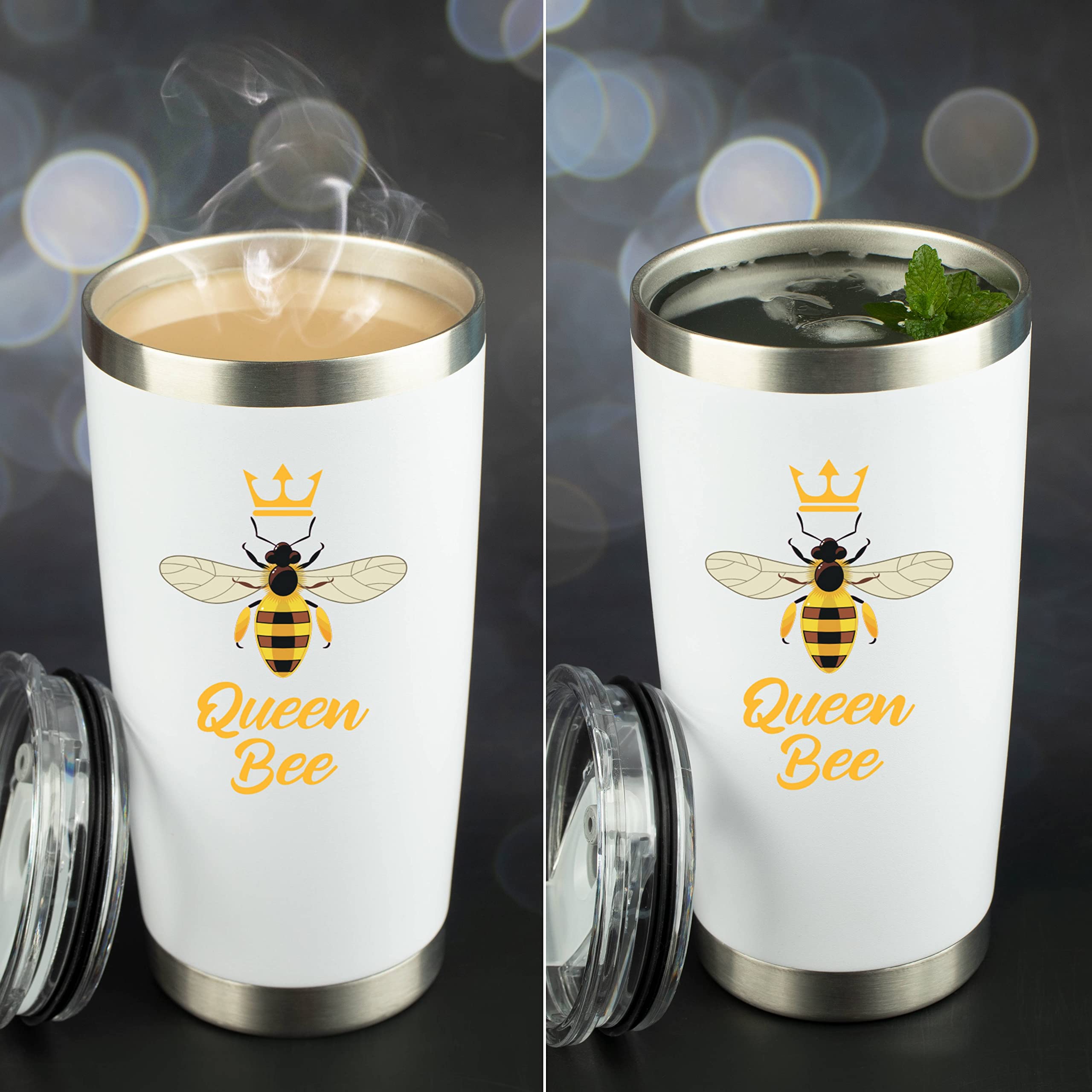 JENVIO Bee Mothers Day Gifts for Women | Queen Bee Lover | White Stainless Steel Wine/Coffee Travel Tumbler/Mug Includes Lid 2 Straws and Gift Box | Valentine's Day Bumble Bee (20 Ounce)