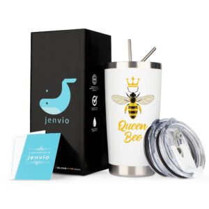 JENVIO Bee Mothers Day Gifts for Women | Queen Bee Lover | White Stainless Steel Wine/Coffee Travel Tumbler/Mug Includes Lid 2 Straws and Gift Box | Valentine's Day Bumble Bee (20 Ounce)