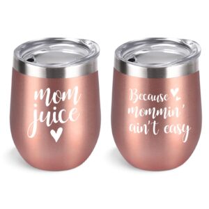 gingprous mom gifts, 2 pack mom juice&because mommin ain’t easy wine tumbler, mother’s day birthday christmas gifts for mother mom mama mommy, 12oz stainless steel insulated wine tumbler, rose gold