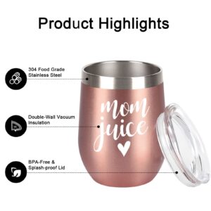GINGPROUS Mom Gifts, 2 Pack Mom Juice&Because Mommin Ain’t Easy Wine Tumbler, Mother’s Day Birthday Christmas Gifts for Mother Mom Mama Mommy, 12oz Stainless Steel Insulated Wine Tumbler, Rose Gold