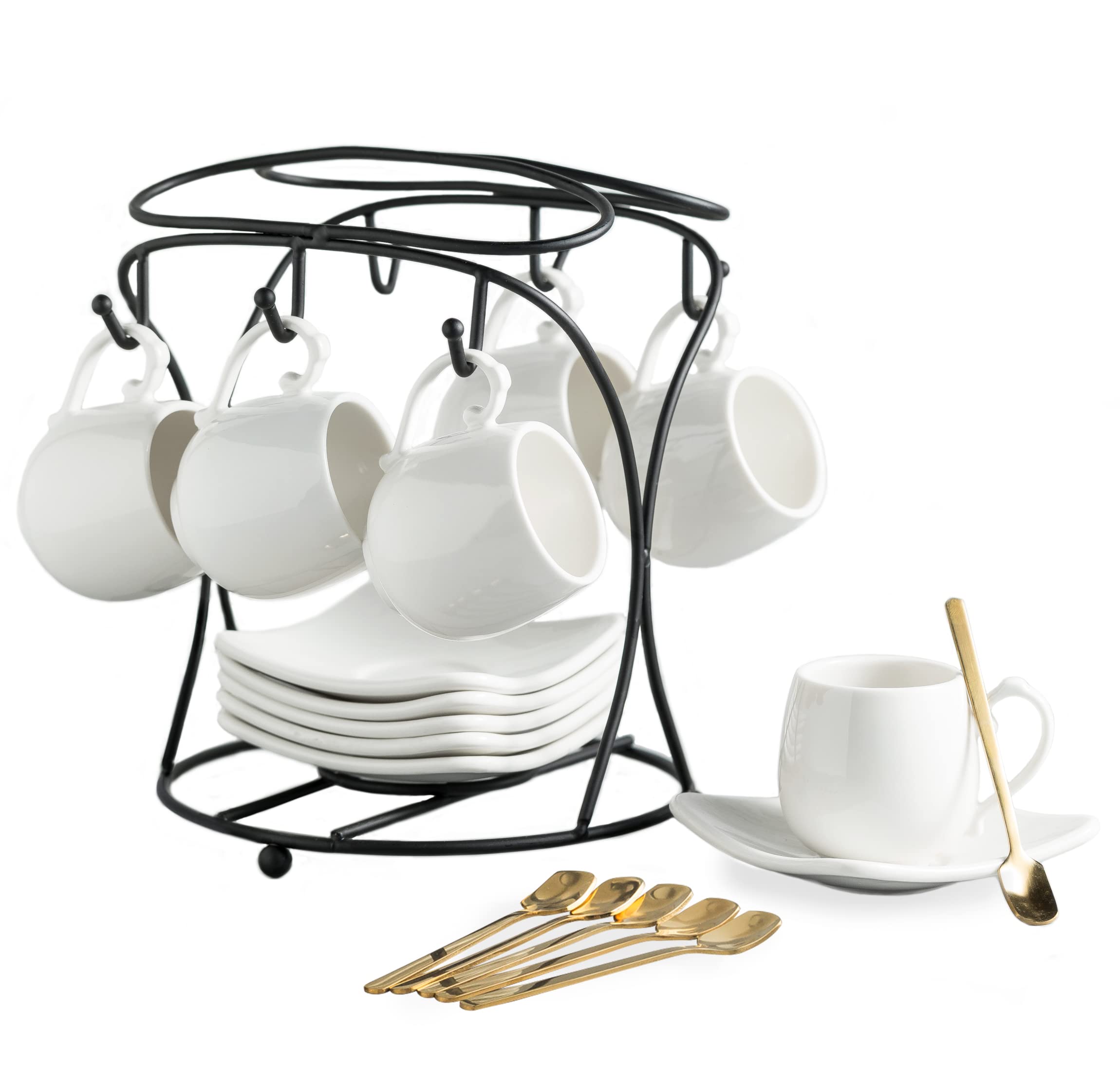 LYEOBOH Espresso Cups with Saucers Set, Porcelain Coffee Cups and Metal Stand and Spoons, Small Demitasse Cups for Espresso, Latte, Cafe Mocha, Cappuccino, and Tea, 3 OZ, Set of 6, White