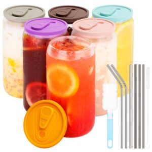 huaqi glass cups with lids and straws 6pcs set, beer glasses with silicone lids and metal straw