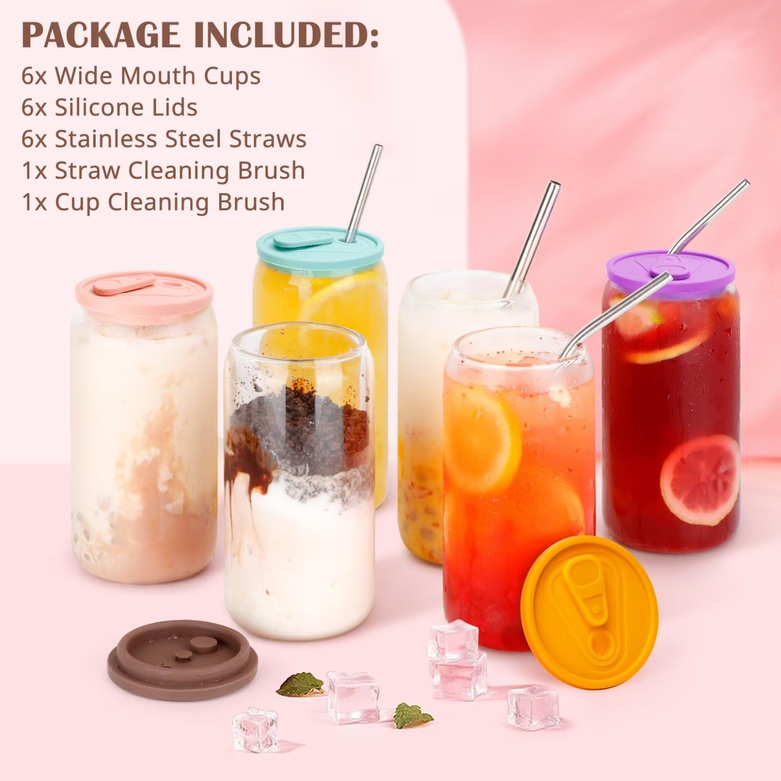 HuaQi Glass Cups with Lids and Straws 6pcs Set, Beer Glasses with Silicone Lids and Metal Straw