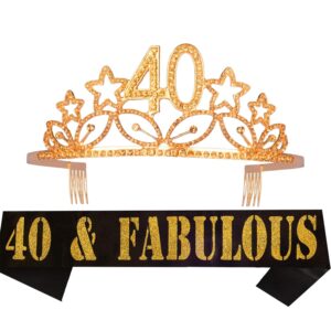 MEANT2TOBE 40th Birthday Sash and Tiara for Women - Fabulous Glitter Sash + Stars Rhinestone Pink Premium Metal Tiara for Her, 40th Birthday Gifts for 40 Party