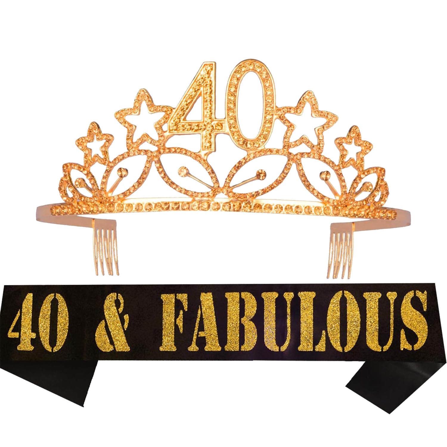 MEANT2TOBE 40th Birthday Sash and Tiara for Women - Fabulous Glitter Sash + Stars Rhinestone Pink Premium Metal Tiara for Her, 40th Birthday Gifts for 40 Party