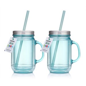 cupture 2 vintage blue mason jar tumbler mug with stainless steel lid and straw - 20 oz