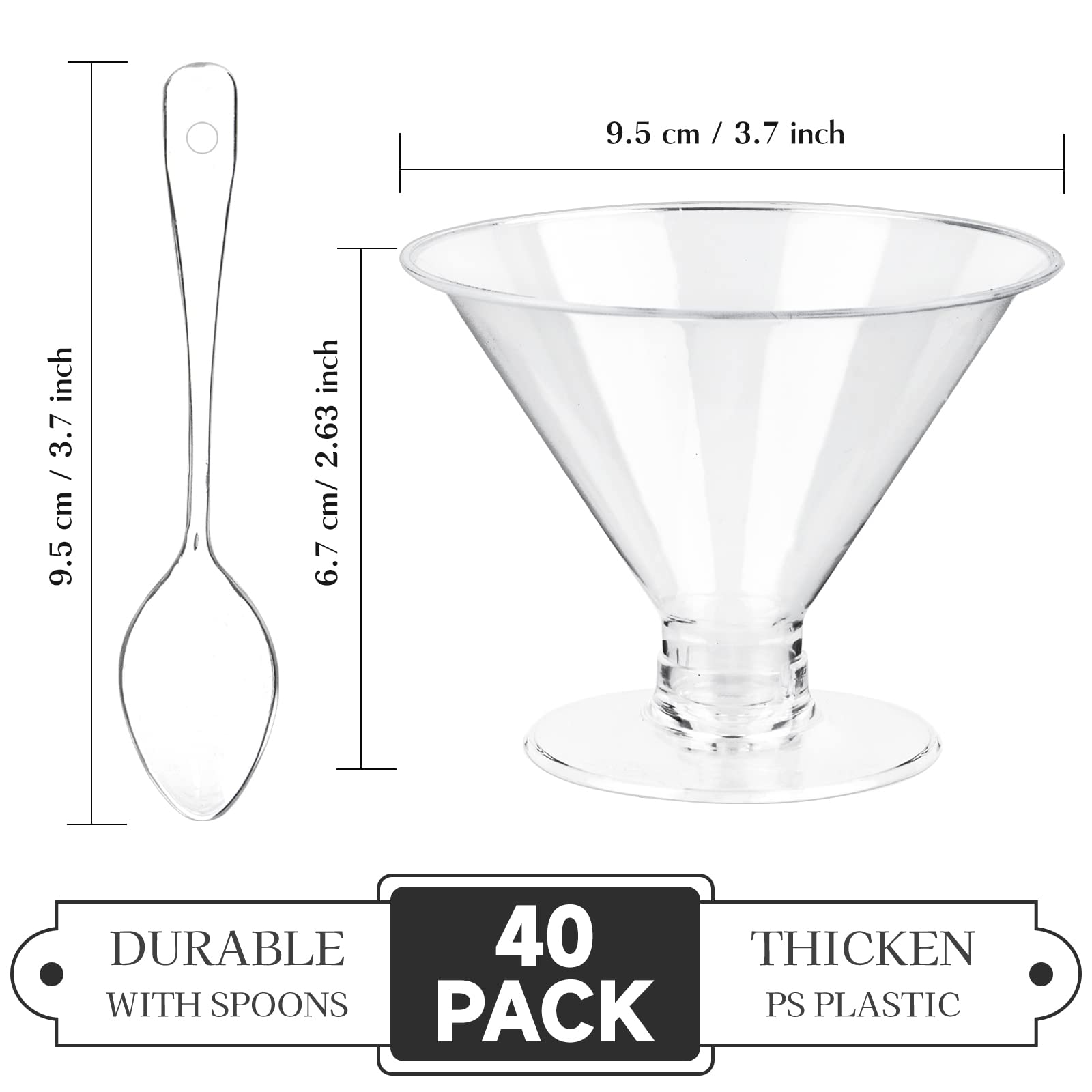 TOFLEN 40 Pack Plastic Martini Glasses 5 Oz Mini Dessert Cups with Spoons Reuasble Cocktail Shooters Clear Short Stem Shot Glasses for Party Wine, Desserts and Appetizers