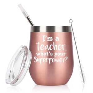 lifecapido teacher's day idea for teacher professor women, wine tumbler with lid and straw, i'm a teacher stainless steel wine tumbler funny teacher appreciation idea(12 oz, rose gold)