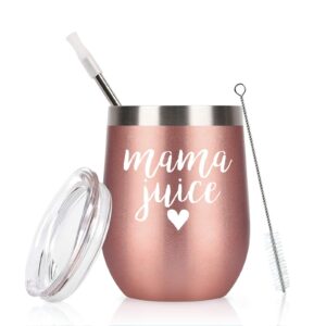 mama juice wine tumbler, funny christmas birthday gifts for mom, mother, mom to be, new mom, pregnant mom, her, wife, mothers day stainless steel insulated tumbler with lid(12oz, rose gold)