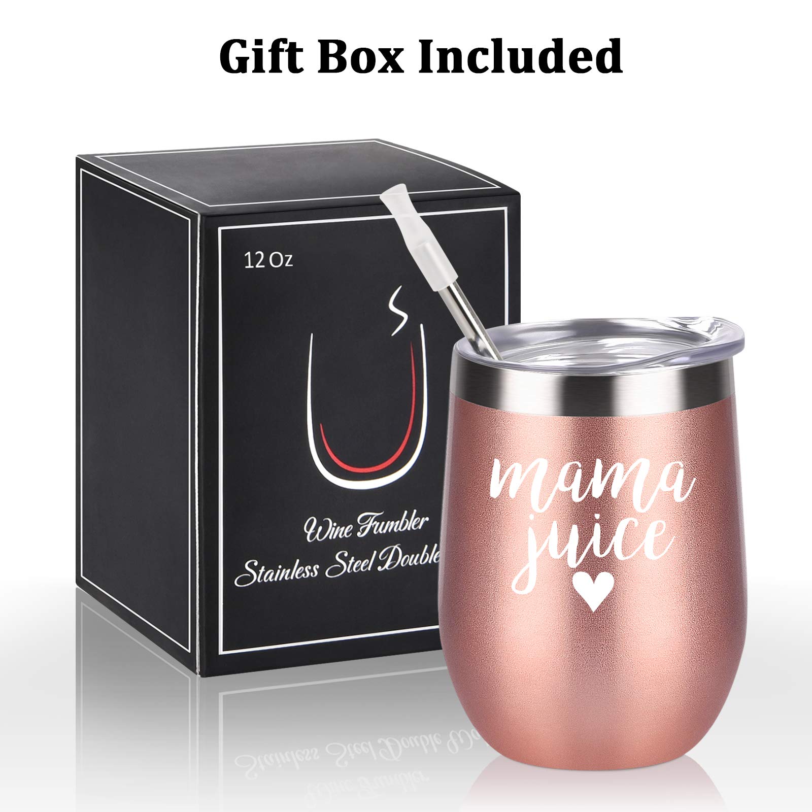 Mama Juice Wine Tumbler, Funny Christmas Birthday Gifts for Mom, Mother, Mom to be, New Mom, Pregnant Mom, Her, Wife, Mothers Day Stainless Steel Insulated Tumbler with Lid(12oz, Rose Gold)