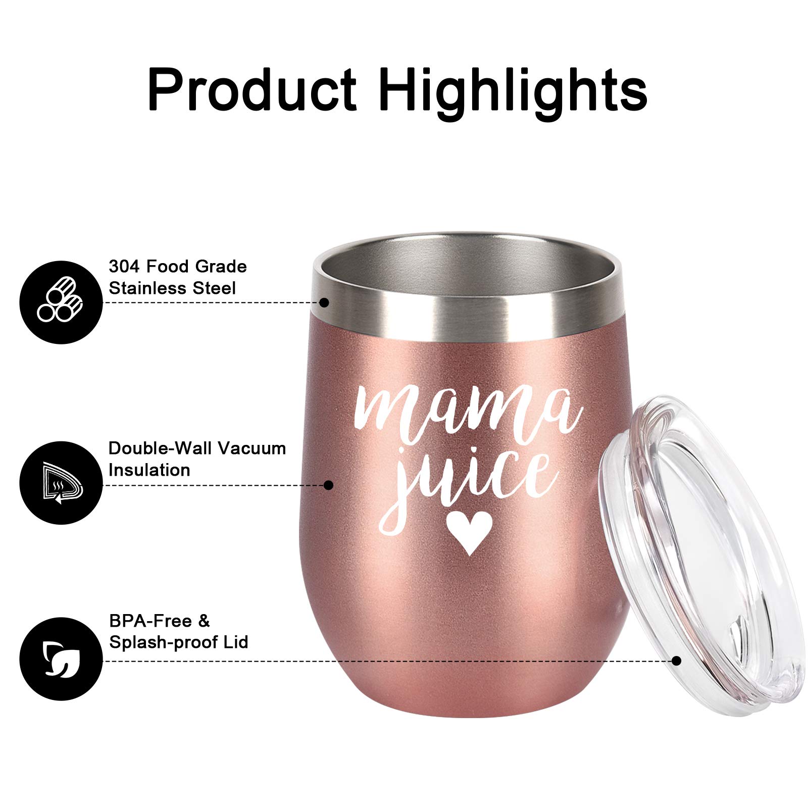 Mama Juice Wine Tumbler, Funny Christmas Birthday Gifts for Mom, Mother, Mom to be, New Mom, Pregnant Mom, Her, Wife, Mothers Day Stainless Steel Insulated Tumbler with Lid(12oz, Rose Gold)