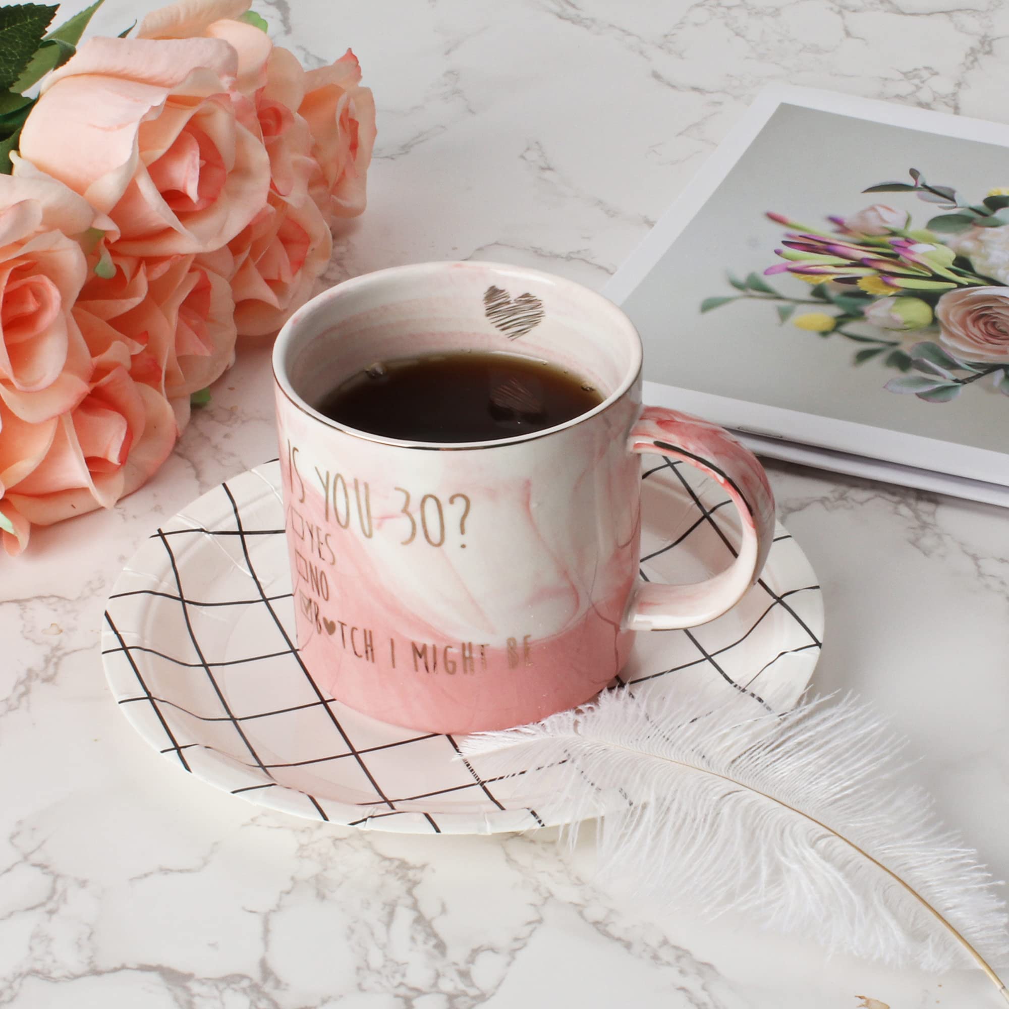 Funny 30th Birthday Gifts for Women - Turning 30 Year Old Birthday Bday Gift Ideas for Wife, Mom, Daughter, Sister, Aunt, Best Friends, Coworkers - Fabulous Pink Marble Mug, Ceramic 11.5oz Coffee Cup