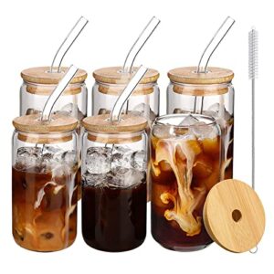 glass cups with bamboo lids and glass straw 6pcs set - beer can shaped drinking glasses, 16 oz iced coffee glasses, cute tumbler cup for smoothie, boba tea, whiskey, juice, water - 2 cleaning brushes