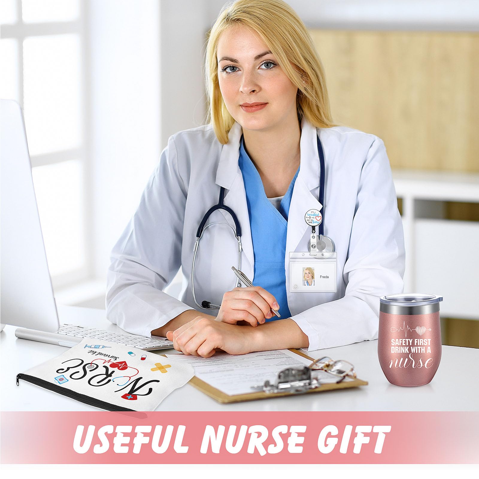 Coume Nurse Gift Box for Women 9 Pieces Nurse Appreciation Gift Set Nurses Customized Wine Tumbler Present Set Thank You Gift for Nursing School Graduation Gifts NICU Nurse Gifts (Rose Gold)