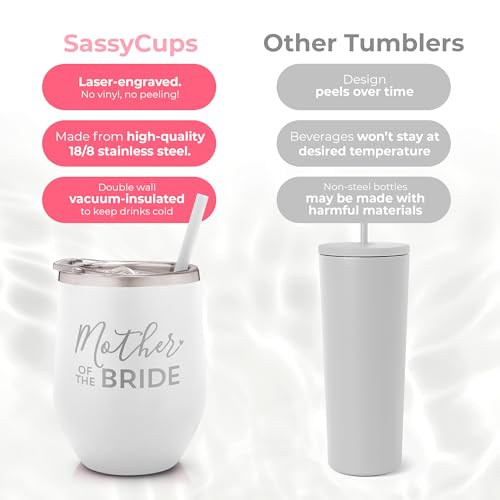 Mother of the Bride Engraved Stainless Steel Tumbler Cup with Lid and Straw - Gift for Mom - Bride, Bridal Shower, Wedding, Engagement Party - Mom's Travel Tumbler - Travel Mug for Bride's Mom