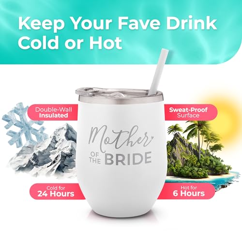 Mother of the Bride Engraved Stainless Steel Tumbler Cup with Lid and Straw - Gift for Mom - Bride, Bridal Shower, Wedding, Engagement Party - Mom's Travel Tumbler - Travel Mug for Bride's Mom