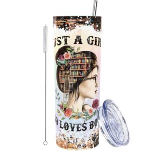 lierie8888 librarian gifts for women, book lover travel coffee mugs, book themed gifts, book reader gifts for woman, bookish gifts for woman, just a girl who loves books tumbler with lid and straw