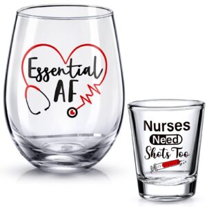 2 pieces nurse need too and stemless glass, essential glass gift set glass gift present for women male nursing school student graduation birthday party nurses day