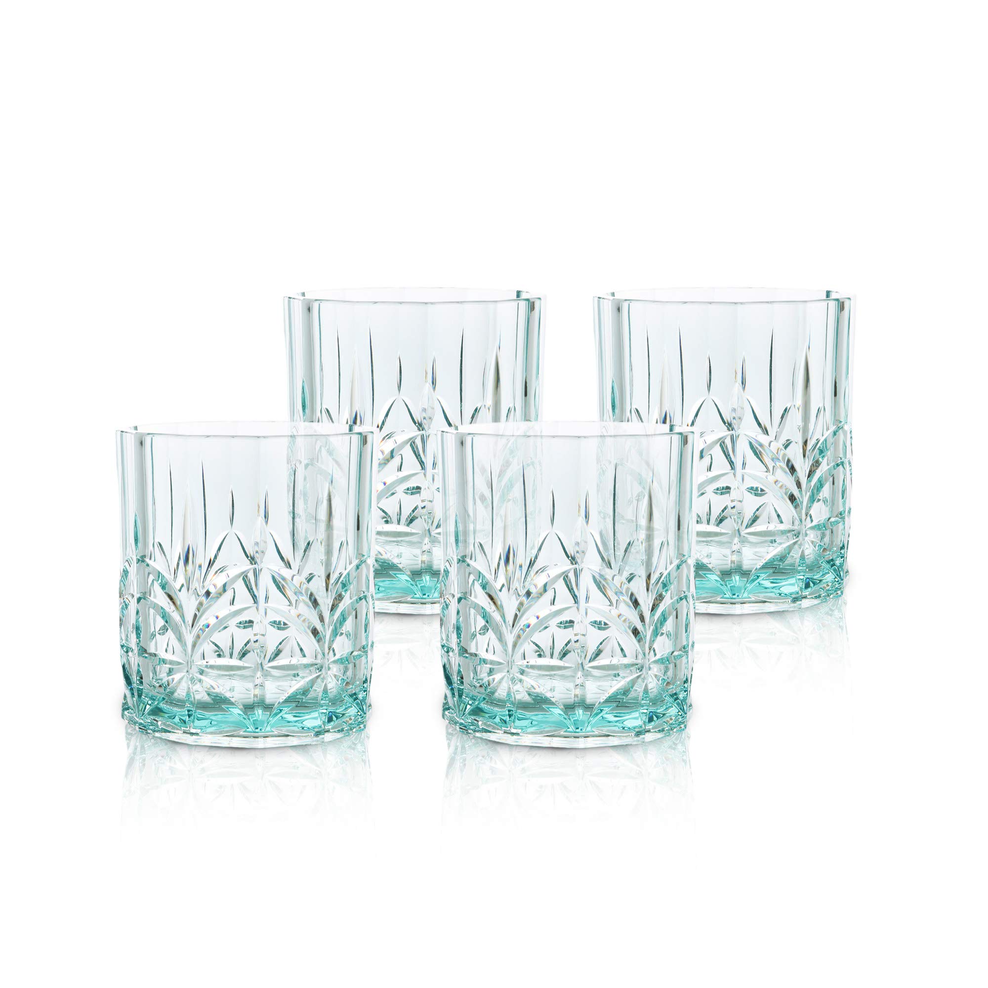 BELLAFORTE Shatterproof Tritan Plastic Short Tumbler, Set of 4, 13oz - Myrtle Beach Unbreakable Crystal Cut Old Fashioned Drinking Glasses for Whiskey - BPA Free - Dishwasher Safe - Teal