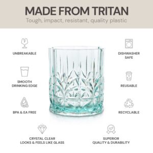 BELLAFORTE Shatterproof Tritan Plastic Short Tumbler, Set of 4, 13oz - Myrtle Beach Unbreakable Crystal Cut Old Fashioned Drinking Glasses for Whiskey - BPA Free - Dishwasher Safe - Teal