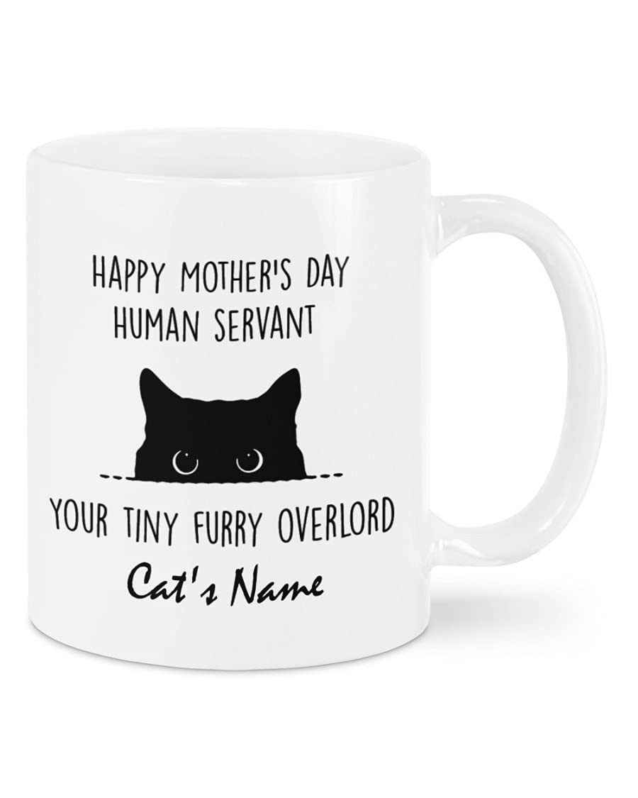 Lafine Personalized Funny Black Cat Mug Happy Mother's Day Father's Day Human Servant Your Tiny Furry Overlord Gifts For Cat Lover,