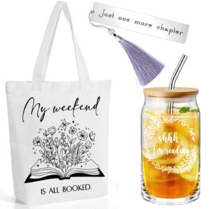 inbagi book lovers gifts set include 16oz drinking glass with bamboo lid and straw for library tote bag stainless steel bookmark gift for reader teacher women(elegant, 13 x 15 x 4'')