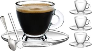 bohem's espresso cups, 3.2 oz small demitasse clear glass espresso drinkware, set of cups, saucers and stainless steel mini spoons + free glass spoons (set of 4)