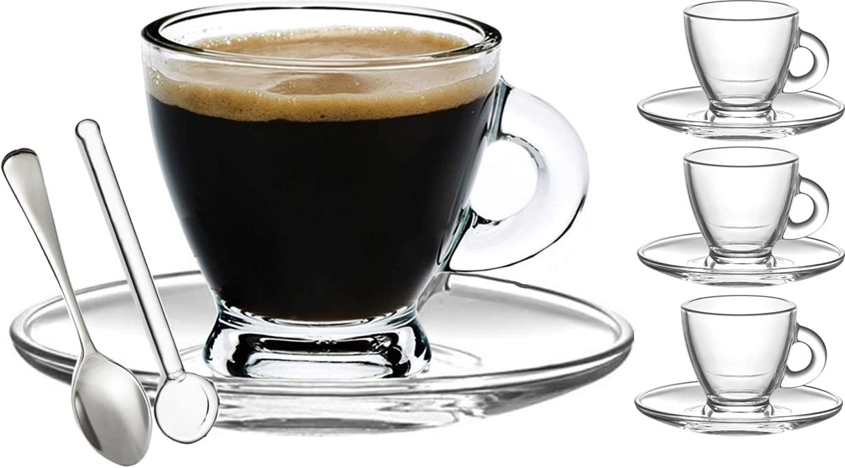 BOHEM'S Espresso Cups, 3.2 oz Small Demitasse Clear Glass Espresso Drinkware, Set Of Cups, Saucers and Stainless Steel mini Spoons + Free Glass Spoons (set of 4)