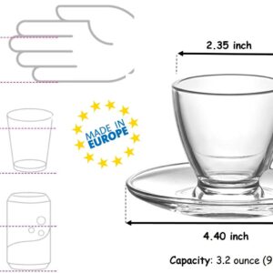 BOHEM'S Espresso Cups, 3.2 oz Small Demitasse Clear Glass Espresso Drinkware, Set Of Cups, Saucers and Stainless Steel mini Spoons + Free Glass Spoons (set of 4)