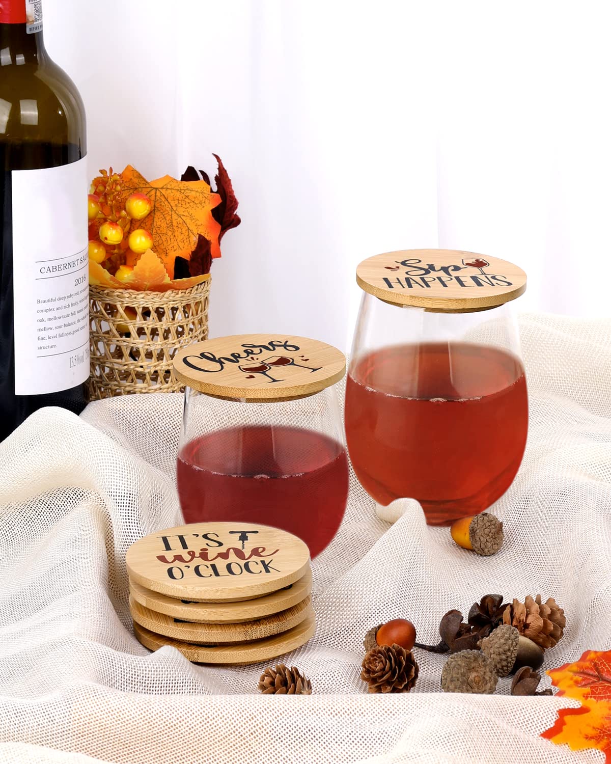 Xylolfsty Funny Wine Glass Covers to Keep Bugs Out Wood Drinking Glass Lids Appetizer Glass Toppers Outdoor Drink Covers for Coffee Mugs, and Water Glasses Bamboo Wine Accessories Housewarming Gift