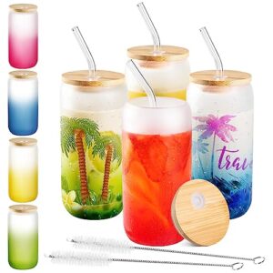 drinking glasses, 4 pcs sublimation glass blanks with bamboo lid, 17oz frosted glass cups with lids and straws beer can shaped glass tumbler gradient color change glassware set for iced coffee drinks