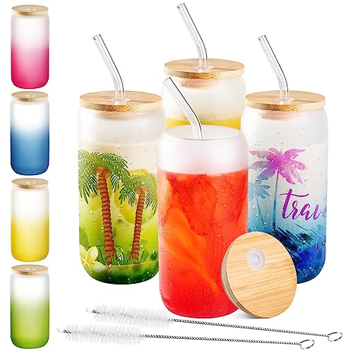 Drinking Glasses, 4 Pcs Sublimation Glass Blanks with Bamboo Lid, 17Oz Frosted Glass Cups with Lids and Straws Beer Can Shaped Glass Tumbler Gradient Color Change Glassware Set for Iced Coffee Drinks