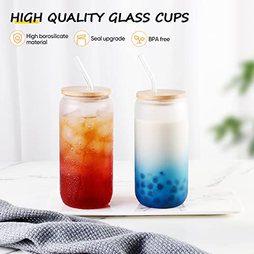 Drinking Glasses, 4 Pcs Sublimation Glass Blanks with Bamboo Lid, 17Oz Frosted Glass Cups with Lids and Straws Beer Can Shaped Glass Tumbler Gradient Color Change Glassware Set for Iced Coffee Drinks