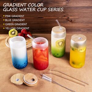 Drinking Glasses, 4 Pcs Sublimation Glass Blanks with Bamboo Lid, 17Oz Frosted Glass Cups with Lids and Straws Beer Can Shaped Glass Tumbler Gradient Color Change Glassware Set for Iced Coffee Drinks