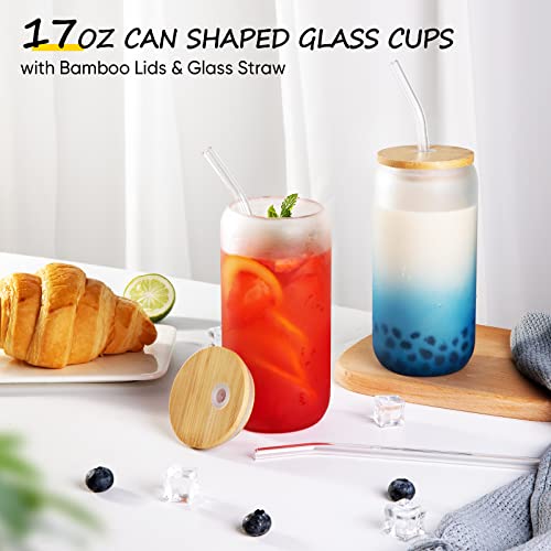 Drinking Glasses, 4 Pcs Sublimation Glass Blanks with Bamboo Lid, 17Oz Frosted Glass Cups with Lids and Straws Beer Can Shaped Glass Tumbler Gradient Color Change Glassware Set for Iced Coffee Drinks